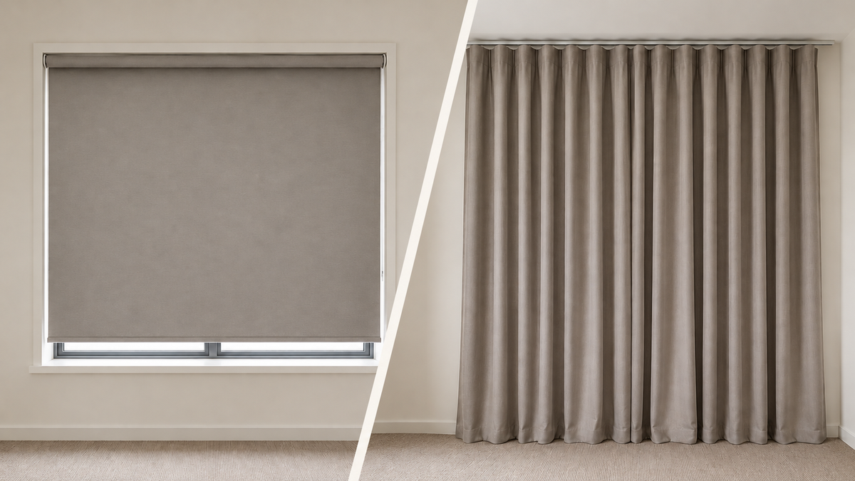 Blockout roller blind and full-length curtains shown in similar windows