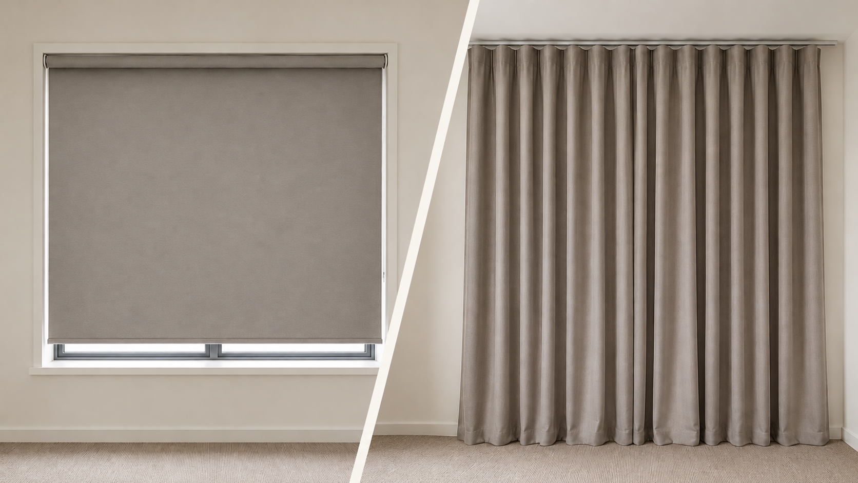 Blockout roller blind and full-length curtains shown in similar windows