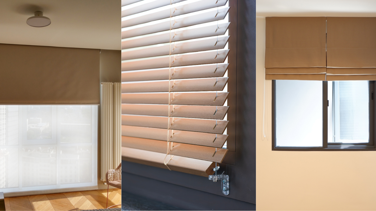 Photo comparing venetian blinds vs roller blinds vs roman blinds