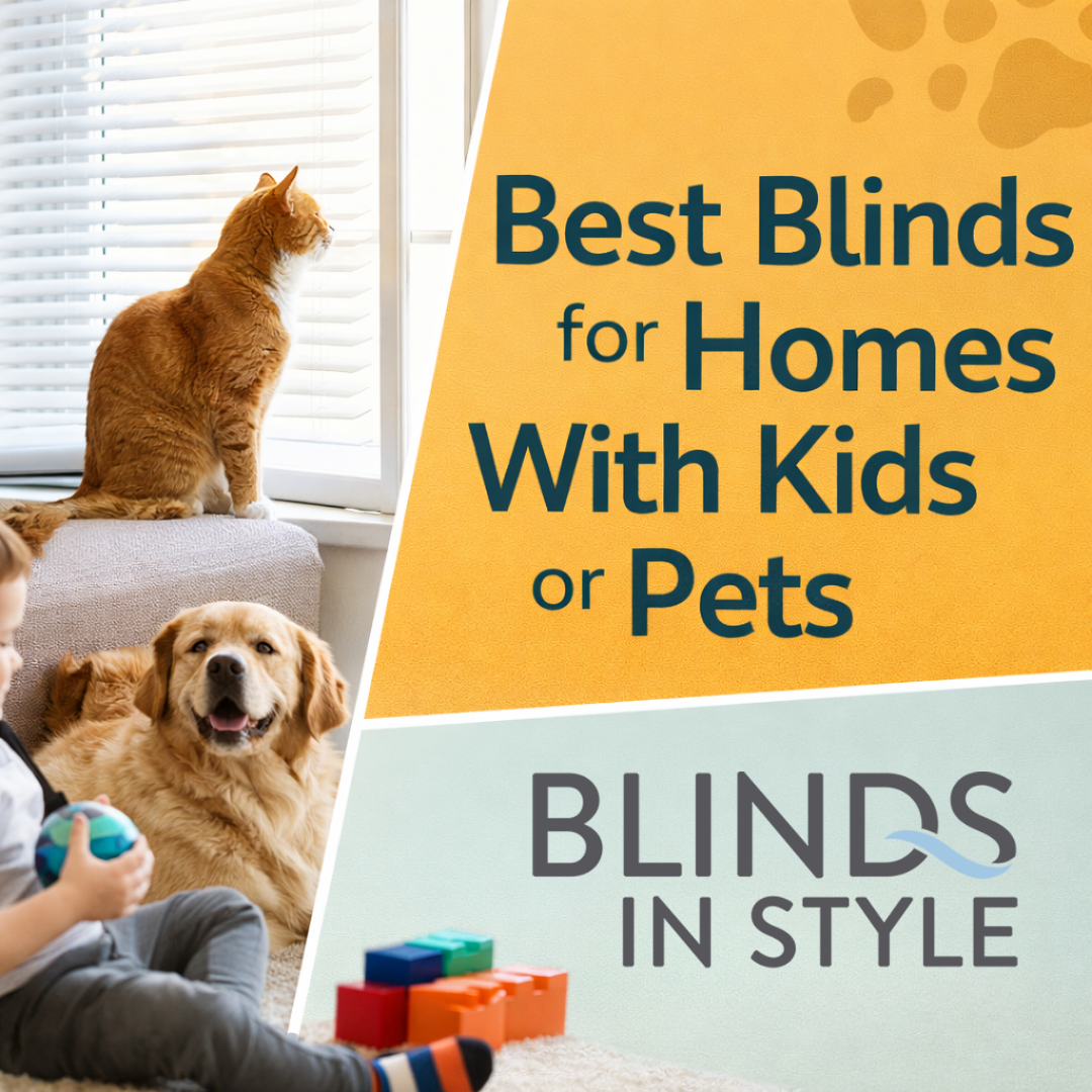 Blinds in Style graphic titled “Best Blinds for Homes With Kids or Pets” showing a child, a dog, and a cat in a bright living room beside window blinds, with bold headline text and Blinds in Style branding.